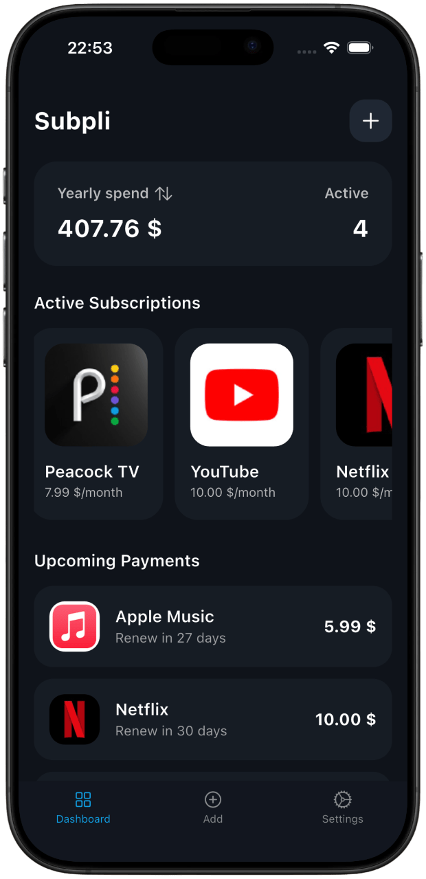 Subpli subscription tracker app interface on iPhone