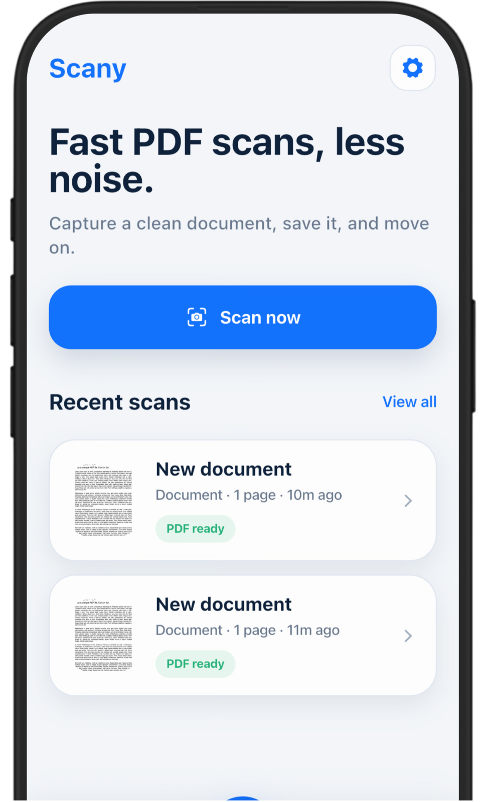 Scany on iPhone showing the Scan now button and a list of recent PDF scans