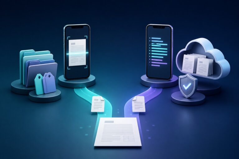 Two mobile document scanning paths comparing simple organization with cloud and searchable PDF tools