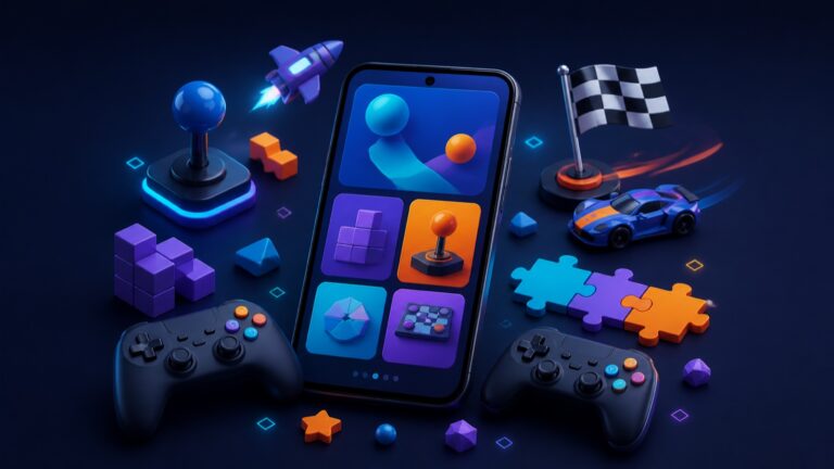 A smartphone surrounded by abstract arcade, racing, puzzle, and multiplayer game elements