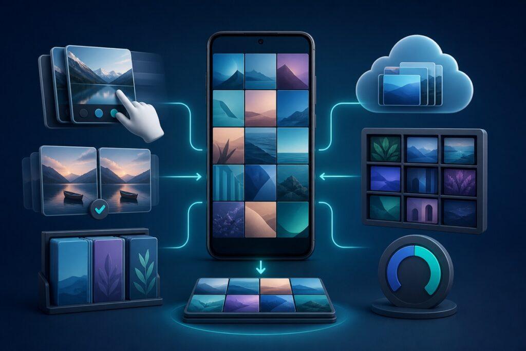 Android photo gallery connected to manual review, duplicate cleanup, cloud storage, album organization, and storage management