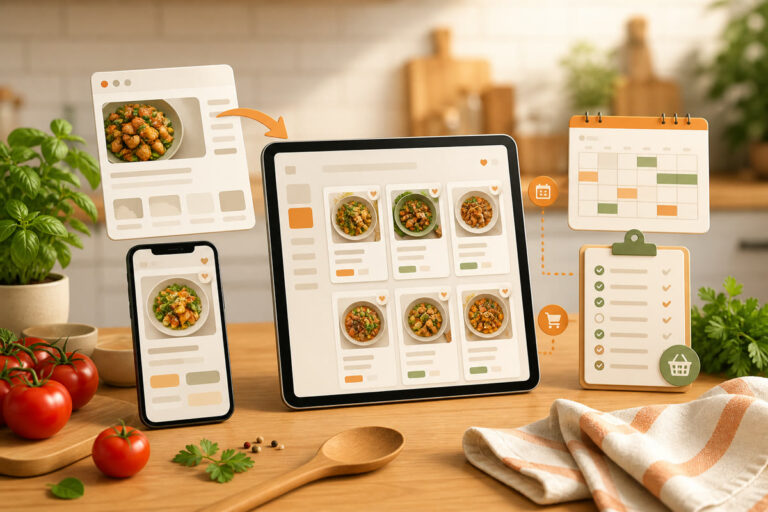 Recipe organizer workflow connecting web recipes, a meal calendar, and a grocery checklist
