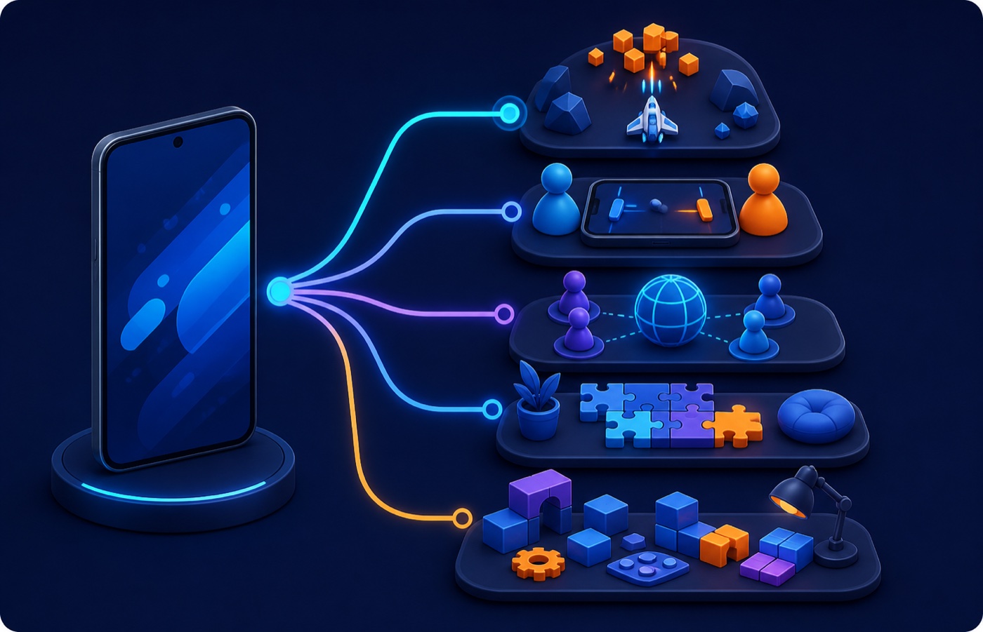 Five visual paths for choosing an Android mini-game collection by play style