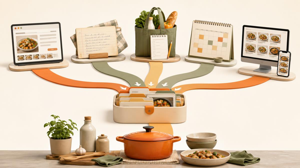 Recipe sources, meal planning, grocery shopping, and device access flowing into one organized recipe collection