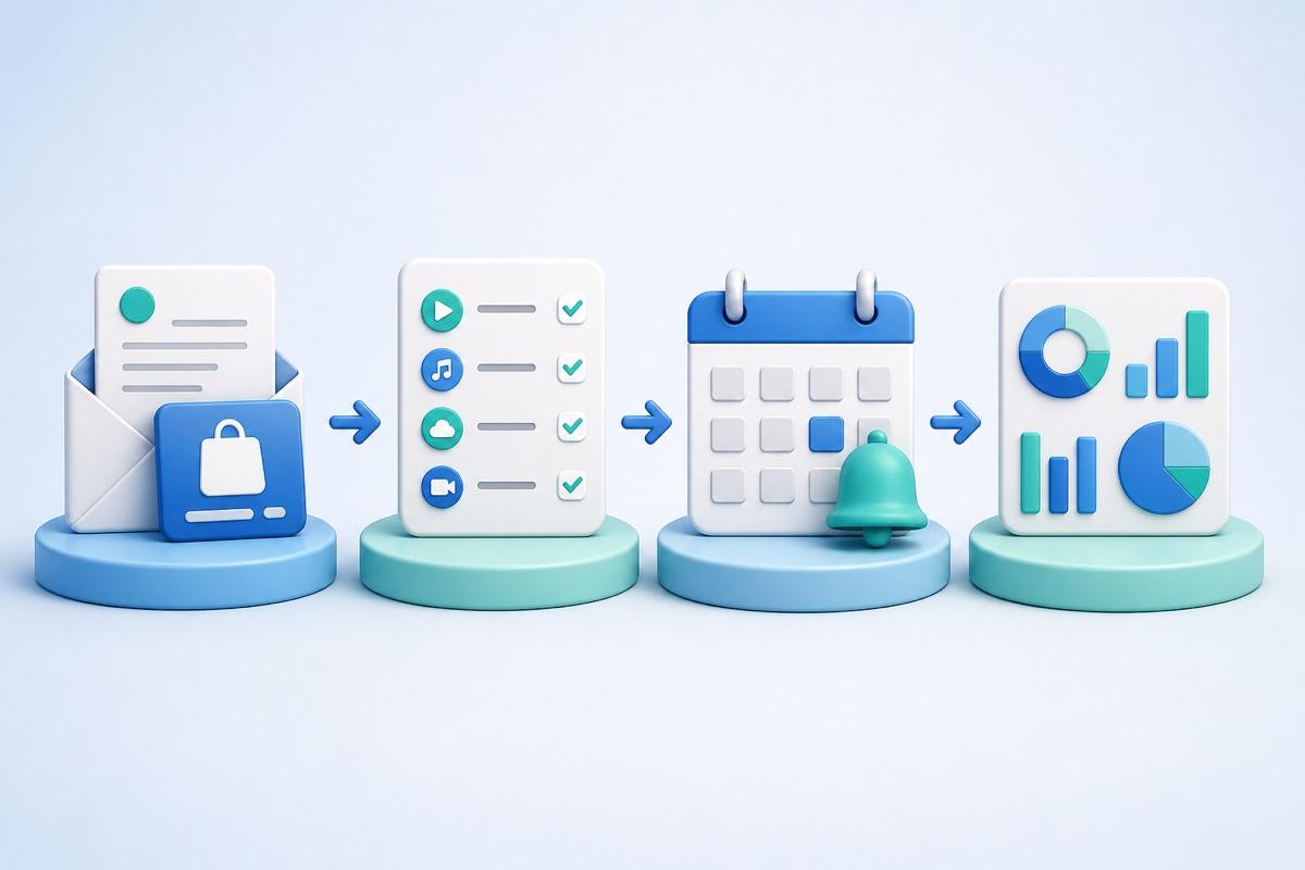 Four-step workflow for finding subscriptions, recording details, scheduling reminders, and reviewing recurring spending