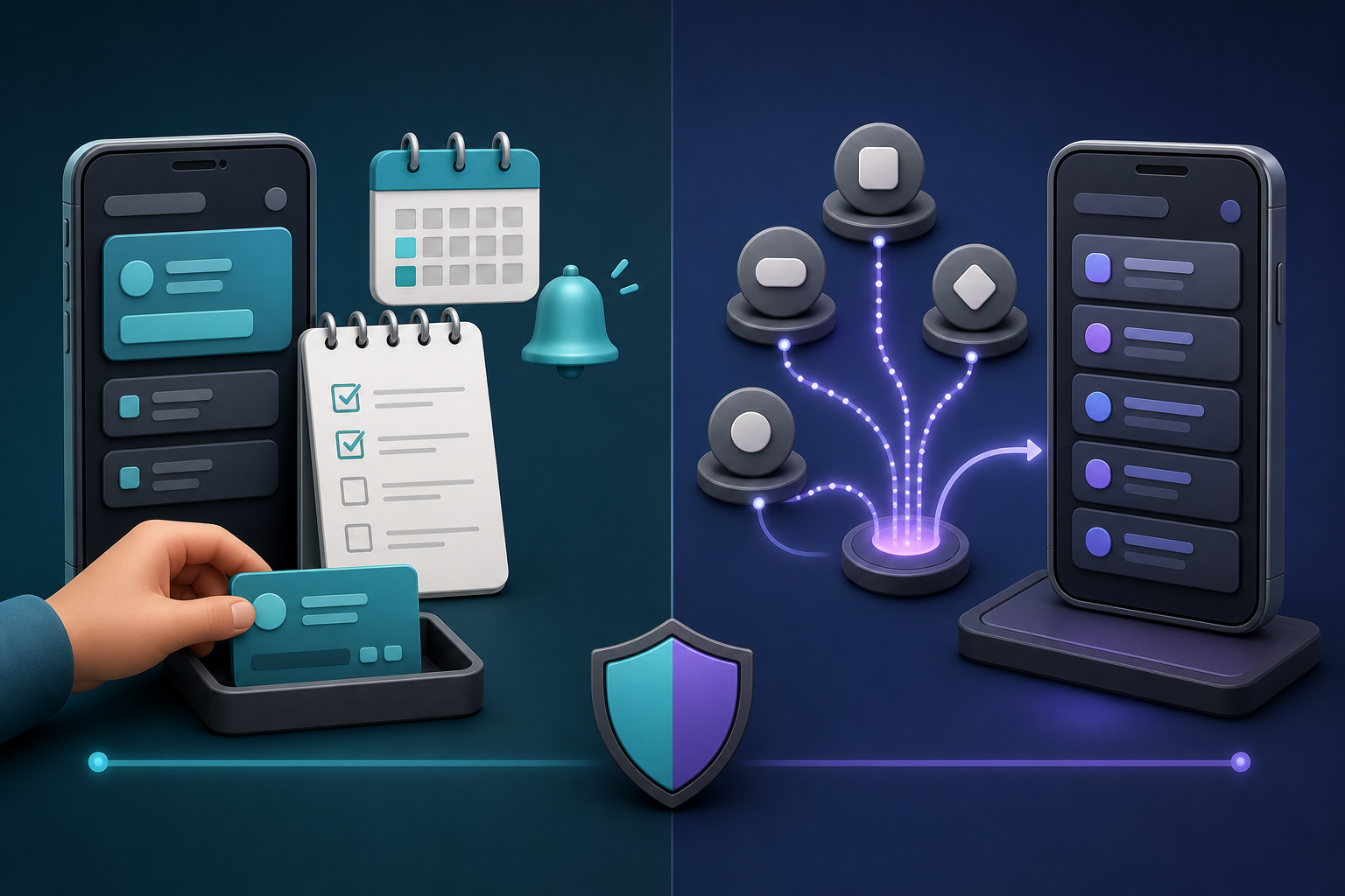 Illustration comparing manual subscription entry with automatic recurring-charge detection