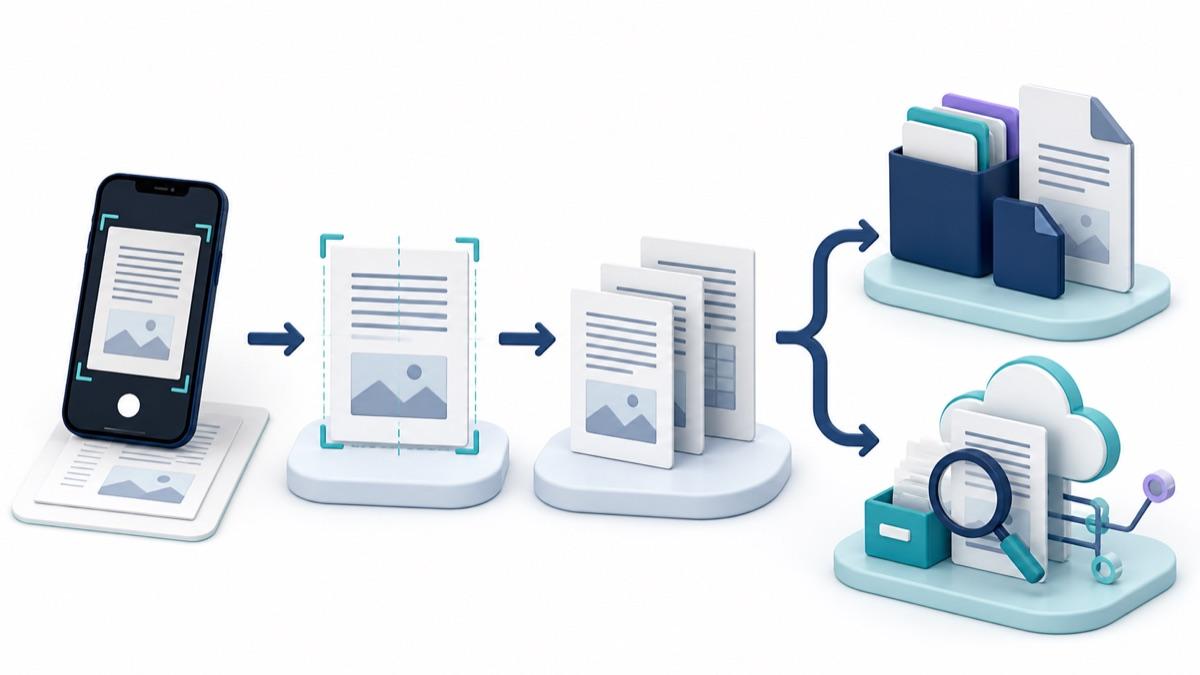 Mobile document scanning workflow from capture and page correction to an organized PDF library or searchable cloud tools