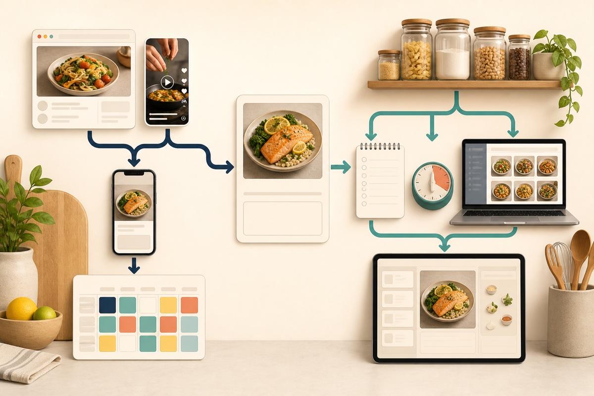 Recipe organizer decision workflow from web and video capture to meal planning, groceries, pantry, cooking, and desktop use
