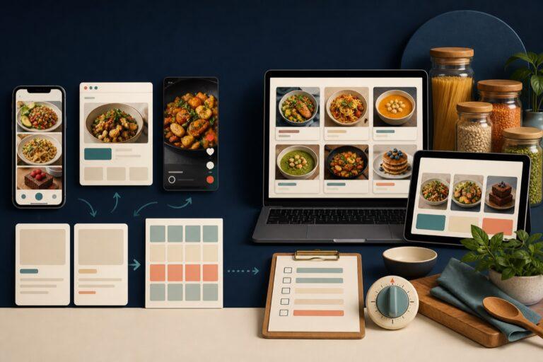 Recipe organization workflow comparing mobile capture with pantry, cooking, and desktop tools