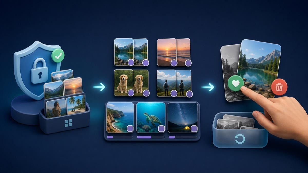 Three-step Android photo cleanup workflow showing backup, duplicate review, and careful keep-or-delete decisions