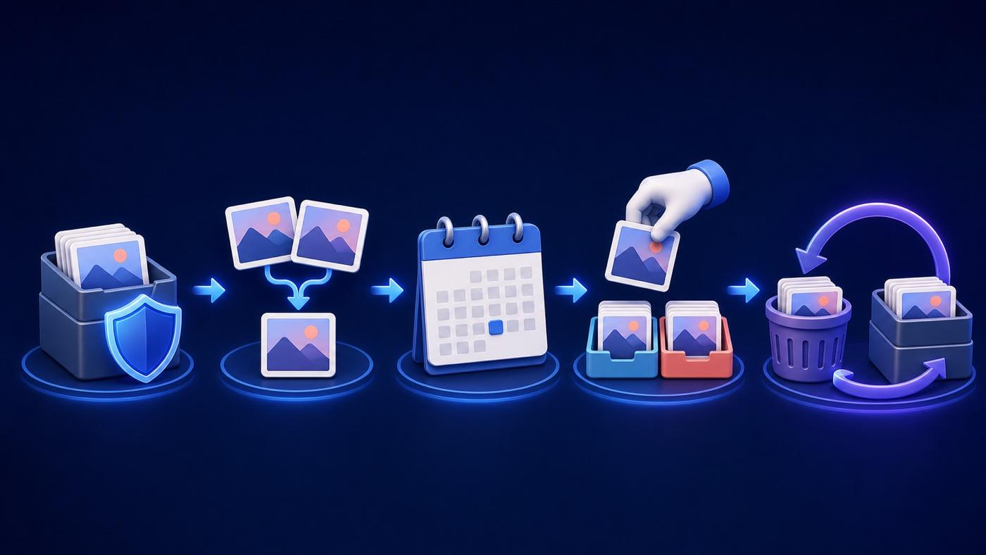 Five-step iPhone photo cleanup workflow from backup and duplicate merging to review and recovery