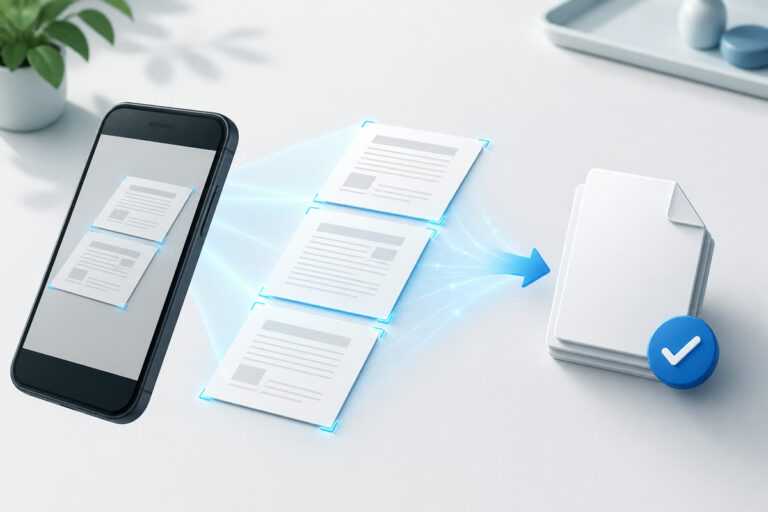 Illustration of an iPhone scanning three paper pages into one organized digital document