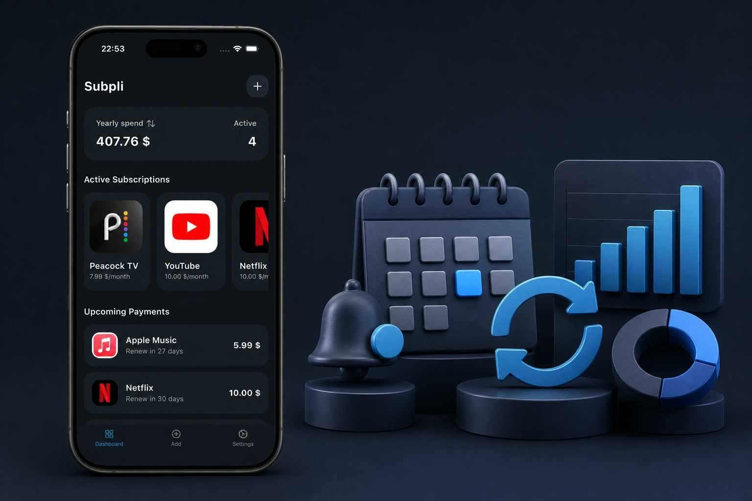 Subpli dashboard beside an illustration of renewal reminders, recurring subscriptions, and spending trends