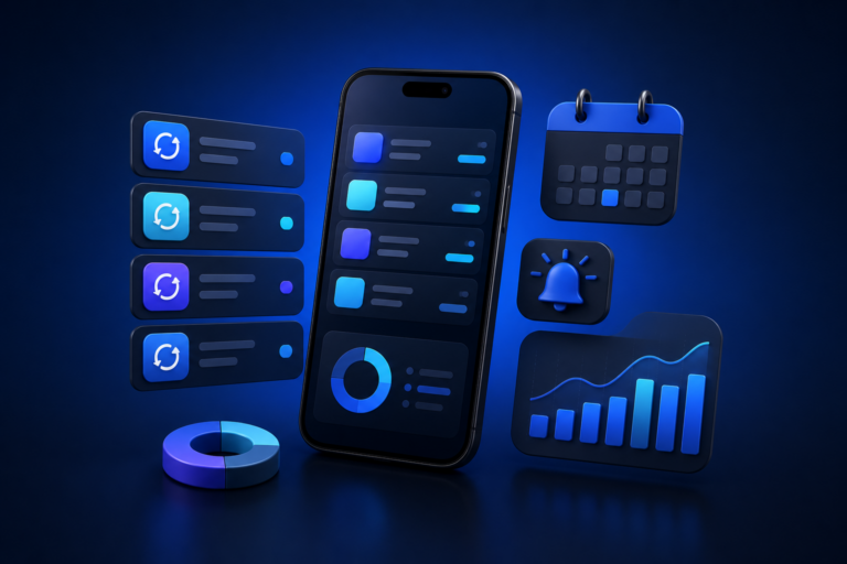 Illustration of a smartphone organizing recurring subscriptions, renewal reminders, and spending