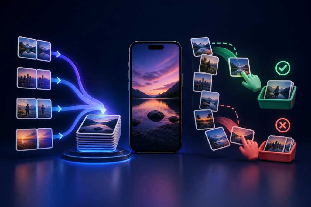 Editorial illustration comparing duplicate merging with manual photo-by-photo cleanup on iPhone