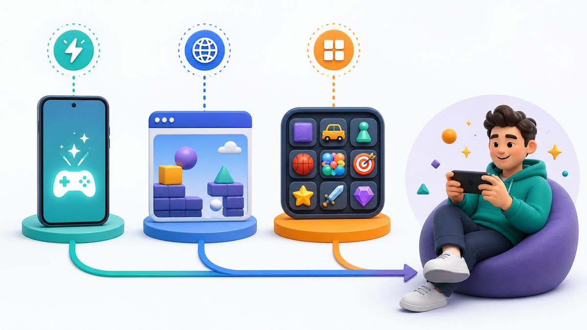 Three paths to mini games on Android through instant play, a browser, or an all-in-one game hub