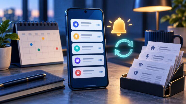 Editorial illustration of an Android phone organizing bill reminders beside a calendar, notification bell, and paper bills