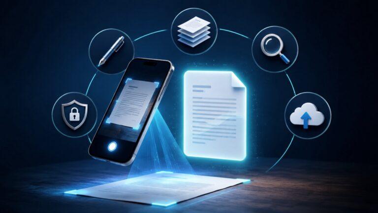 Mobile phone scanning a paper document with symbols for PDF organization, text search, cloud export, protection, and editing
