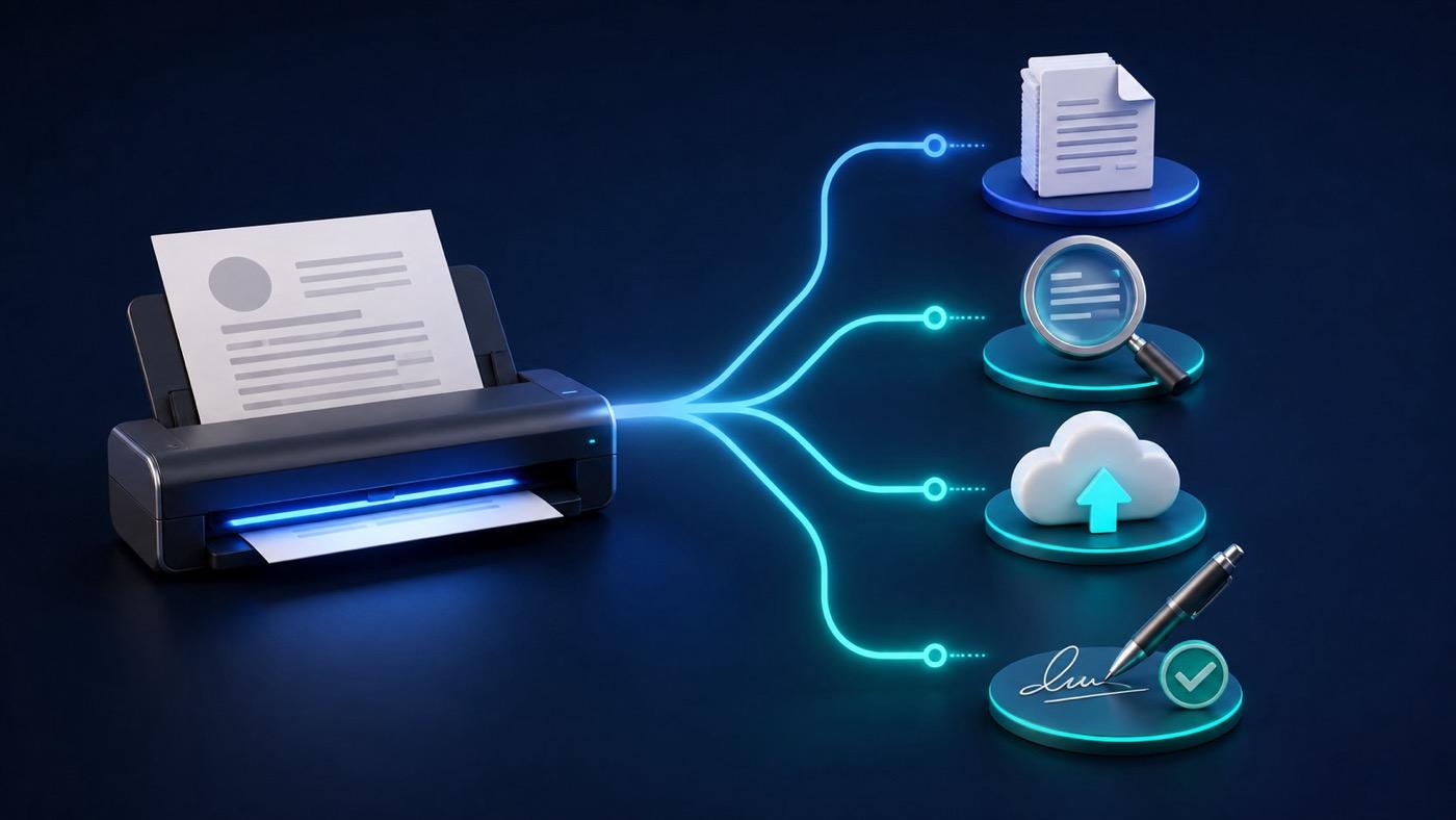 Document scanning decision paths for PDF organization, text search, cloud export, and signing