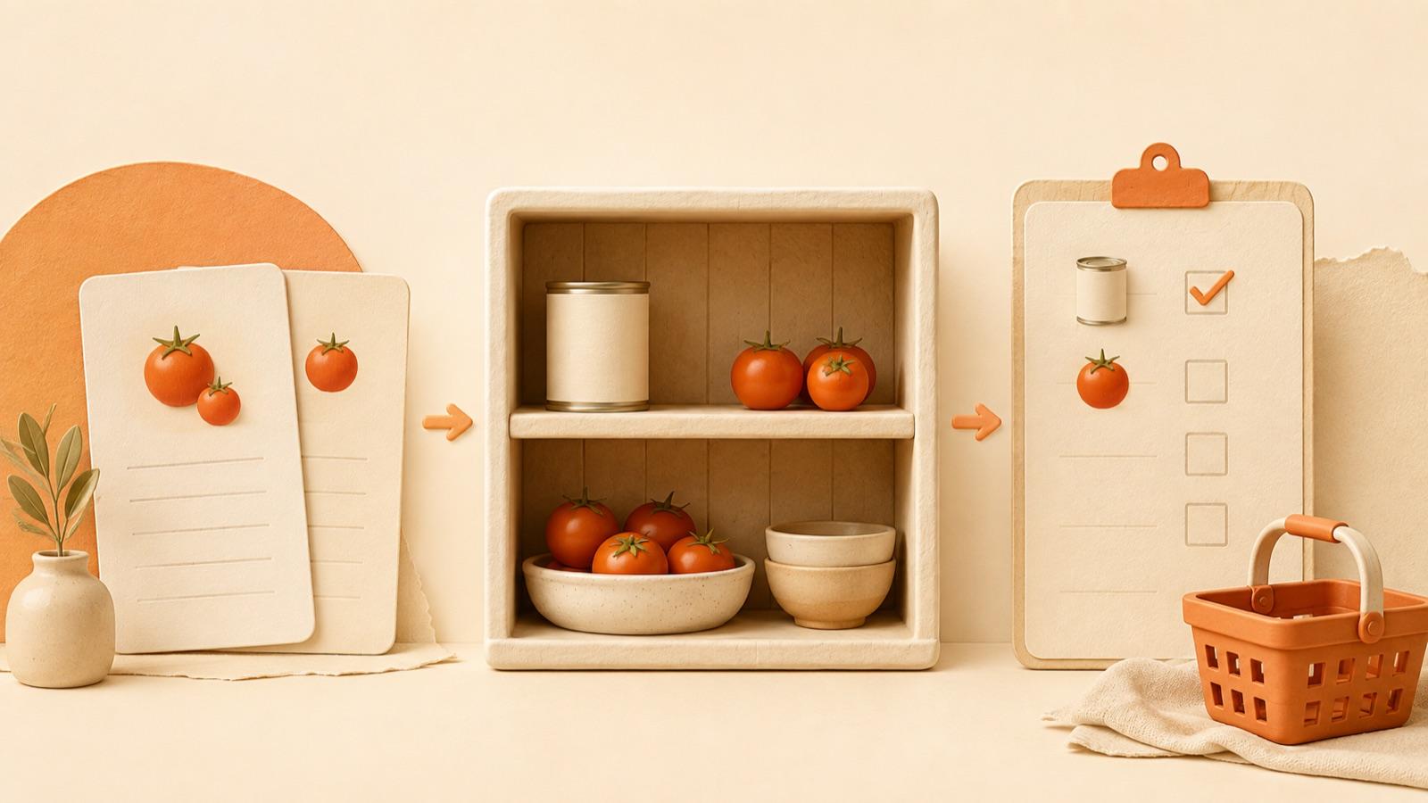 Illustration linking recipe ingredients, pantry supplies, and a checked grocery list