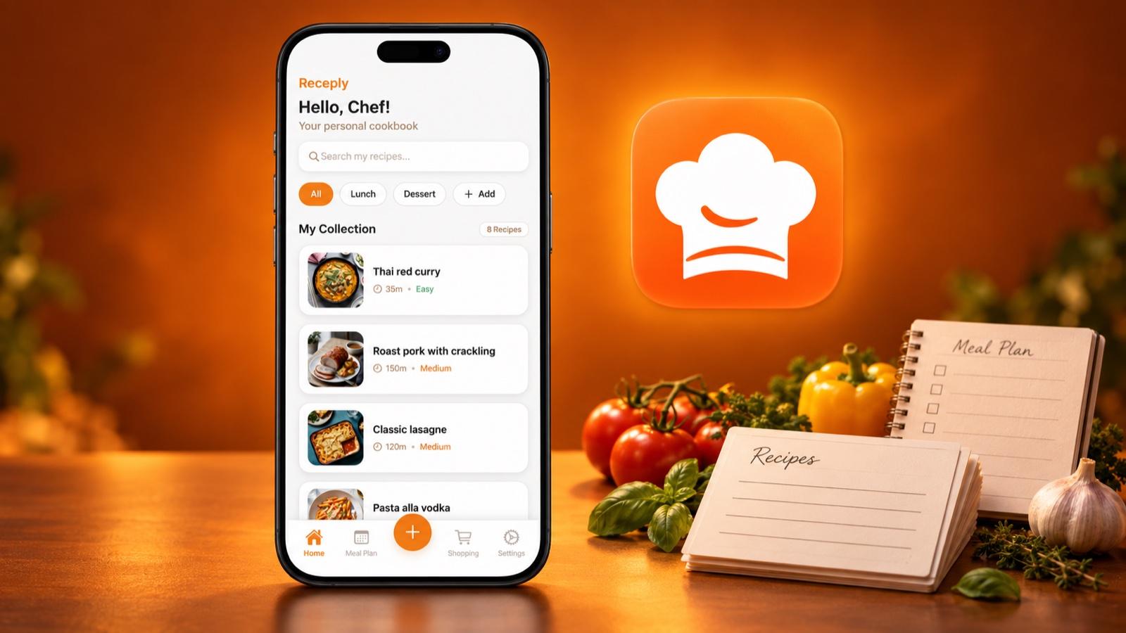 Receply recipe collection on a phone beside its orange chef-hat icon, recipe cards and meal-planning notebook