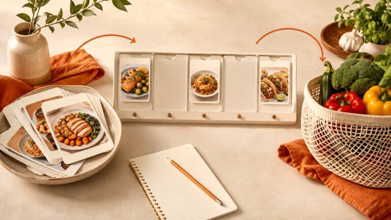 Recipe cards arranged into a meal planner beside a grocery bag