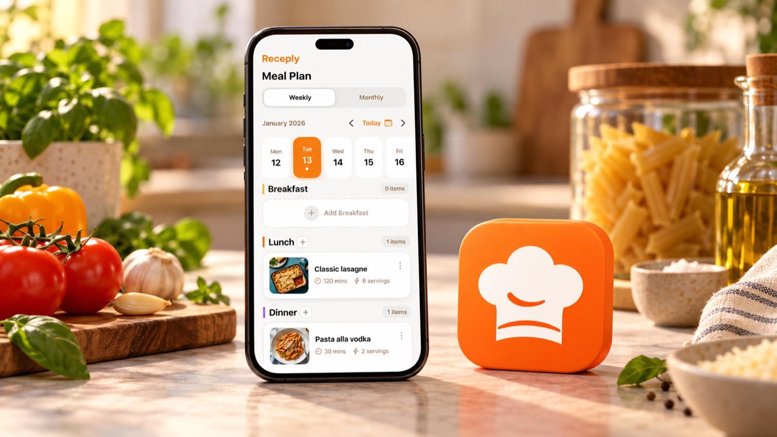 Product illustration of Receply's weekly meal planner on a phone beside its orange chef-hat app icon in a kitchen setting