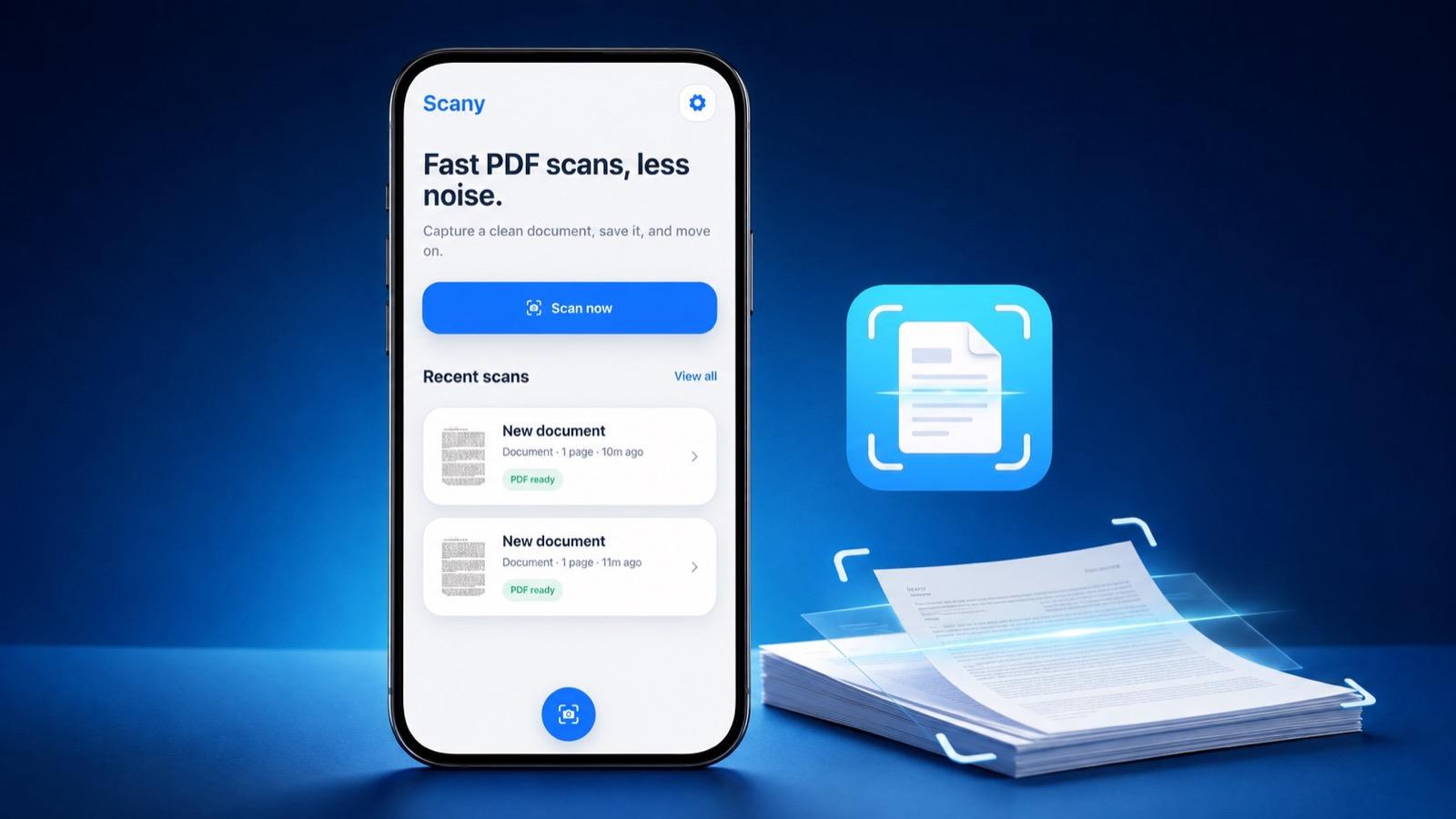 Scany app home screen on a phone beside the Scany icon and a stack of documents being scanned