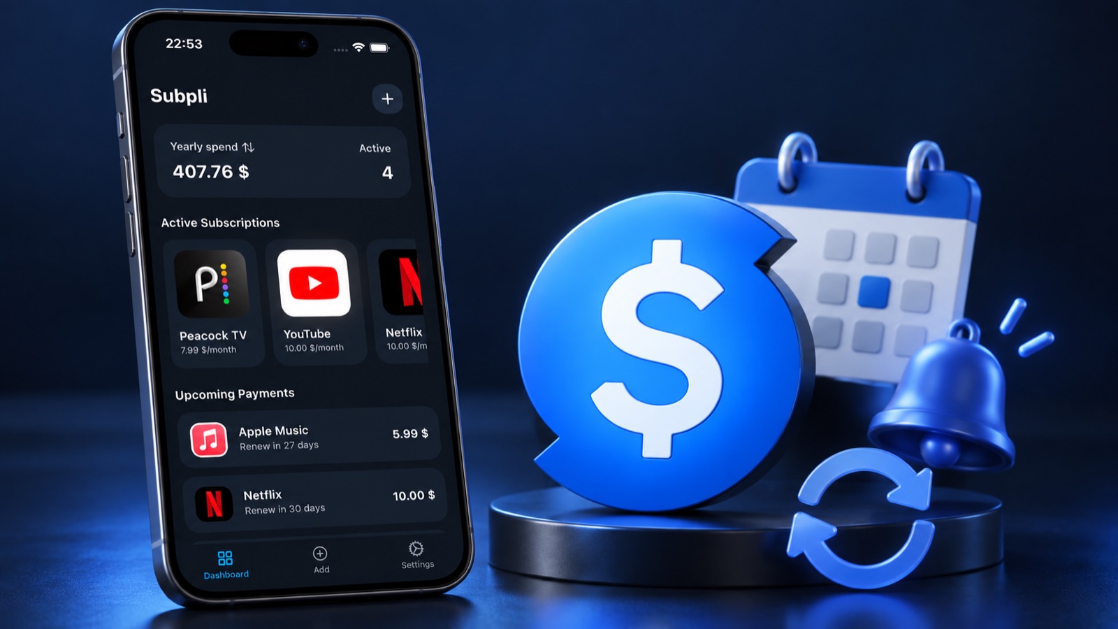Illustration based on the Subpli dashboard and official app icon beside calendar, notification, and recurring-payment symbols