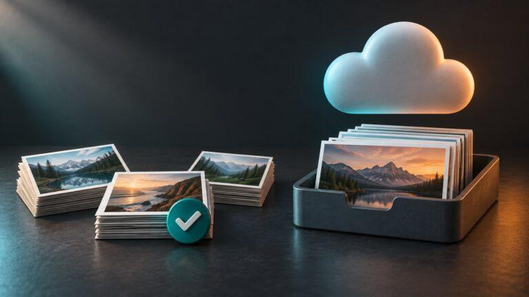 Editorial illustration comparing selected photo prints with photos stored beneath a cloud symbol