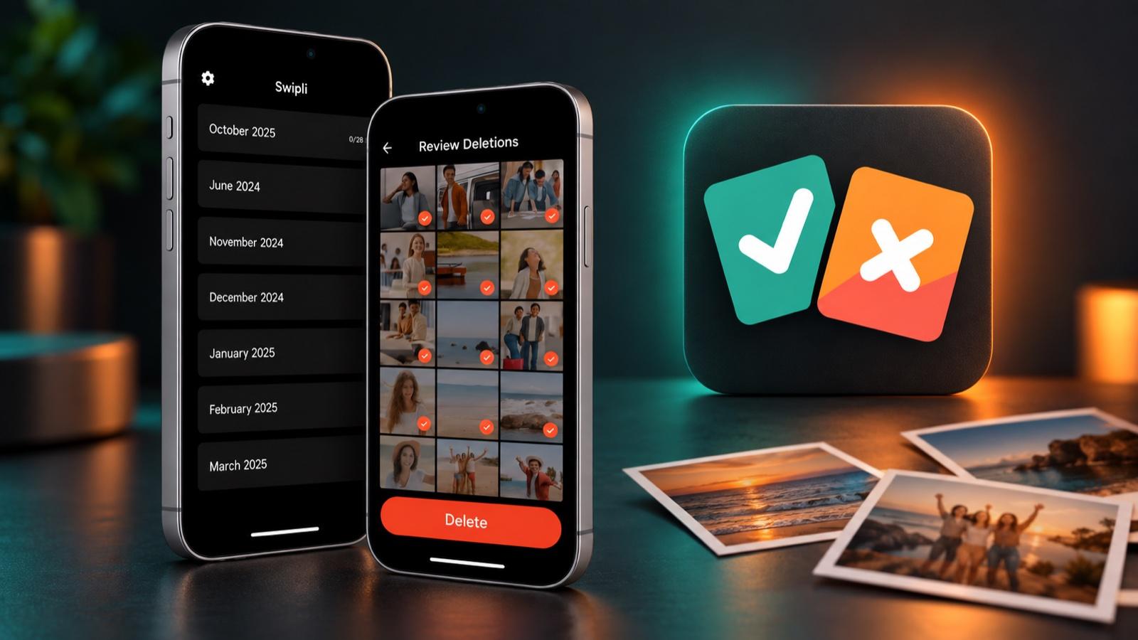 Illustrated Swipli phone screens and app icon in a teal and orange studio scene