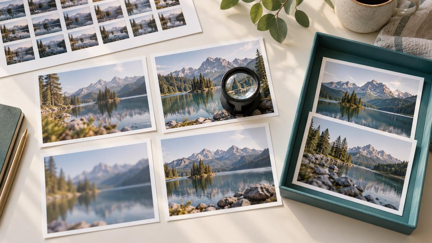 Generated editorial illustration of differently framed and focused landscape photos, a magnifying loupe, and a tray of keepers
