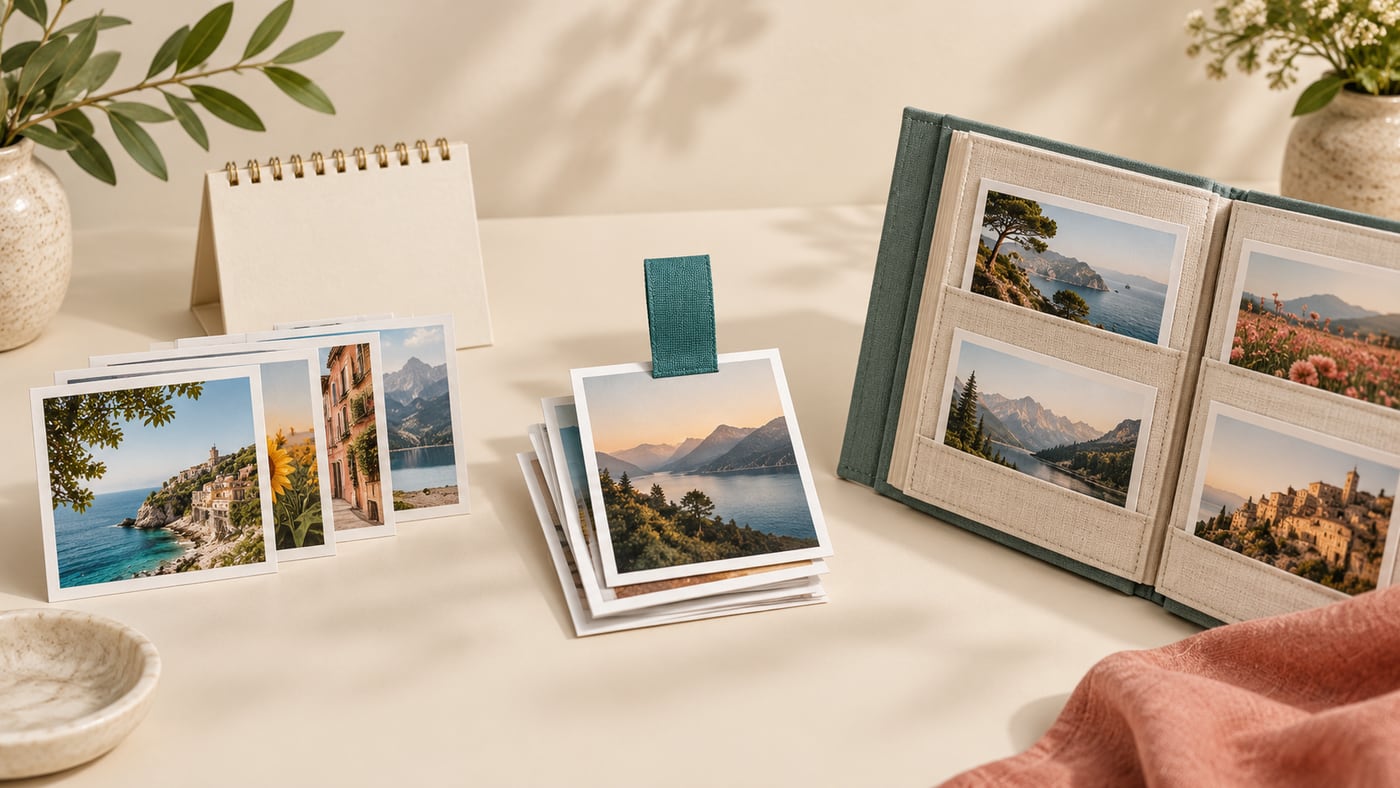 Generated editorial illustration of a bookmarked photo stack between a photo batch and an album, illustrating a decide-later review queue