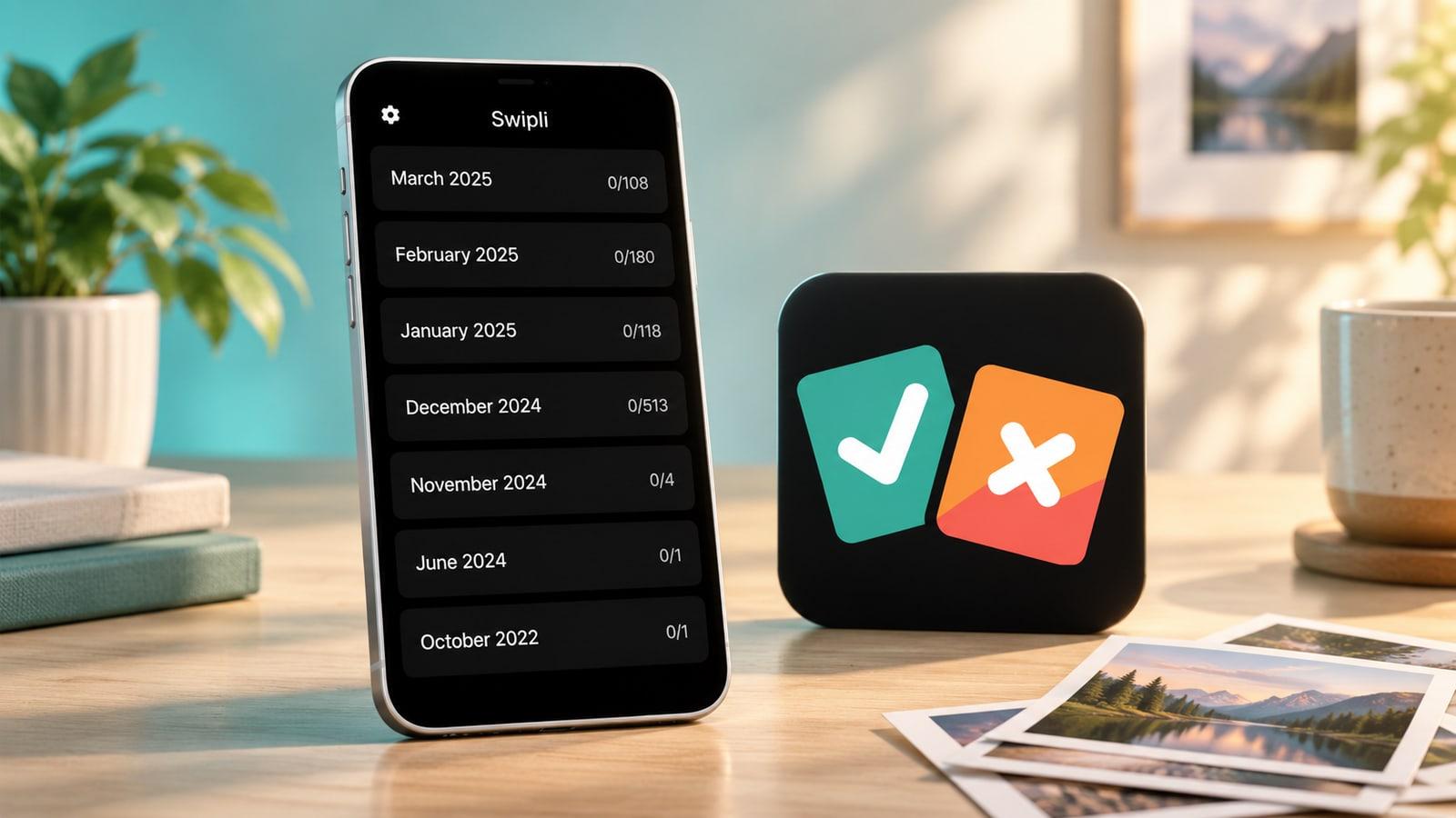 Generated Swipli product illustration showing its monthly photo-review screen beside the official teal-check and orange-cross app icon